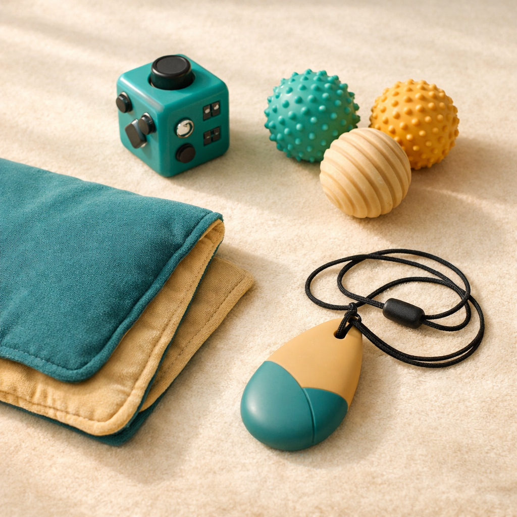 Flat lay of sensory toys including fidget cube and weighted lap pad on cream surface for autism and ADHD