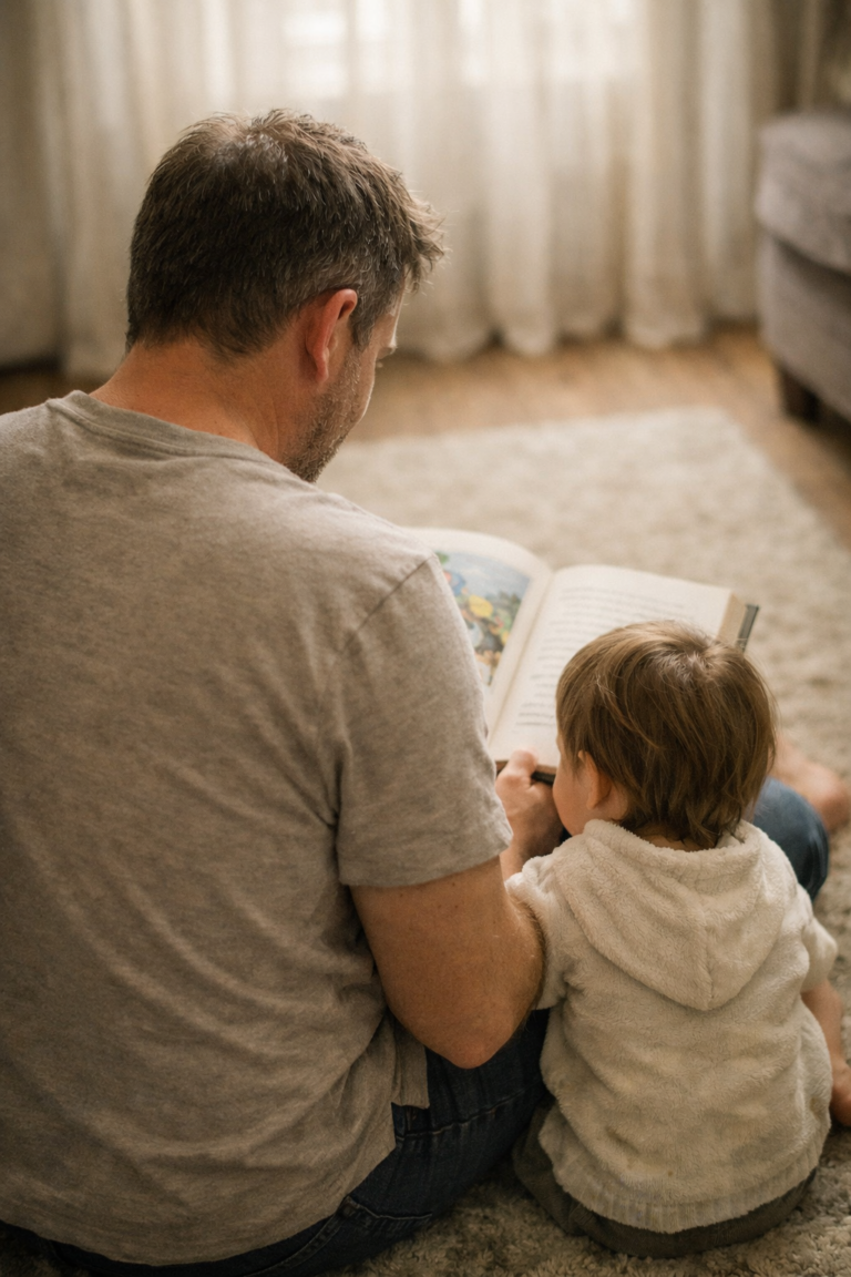 Father sitting with autistic child representing the emotional journey of autism parent guilt